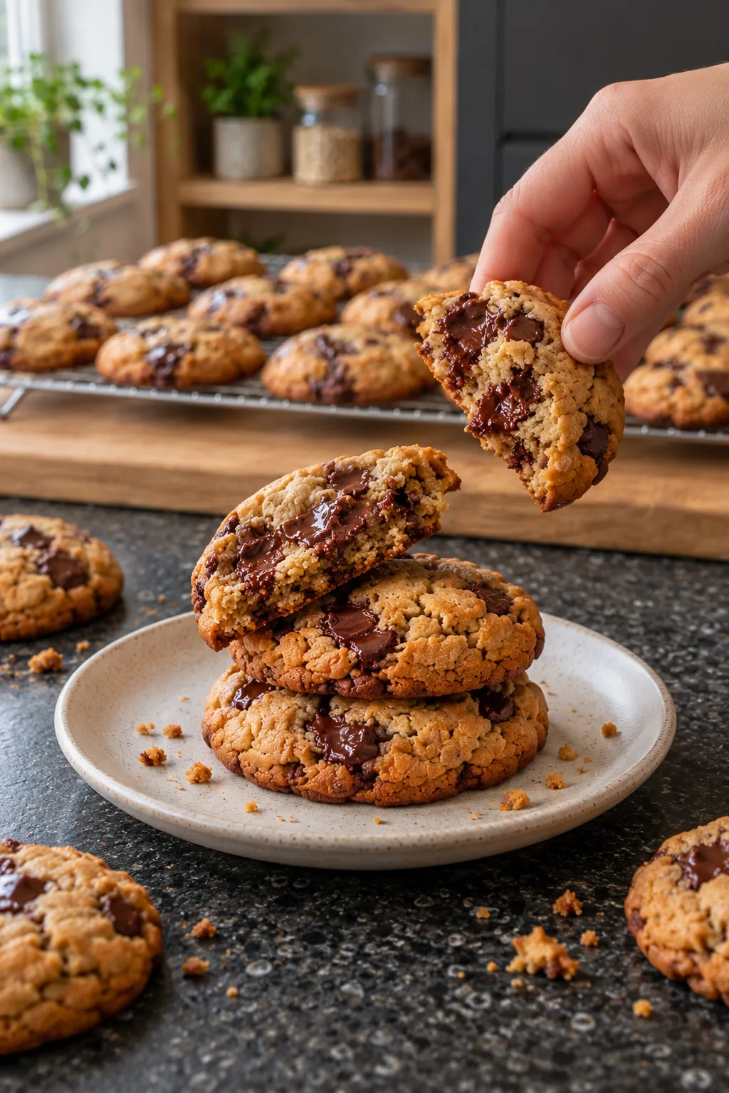 A stack of golden brown sugar chocolate chip cookies on a speckled stoneware plate, with the top cookie broken in half to reveal a soft, chewy centre and dark chocolate chunks.
